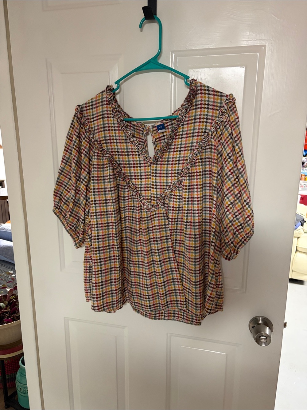 Old Navy Multicolor Plaid Ruffle Neck Blouse